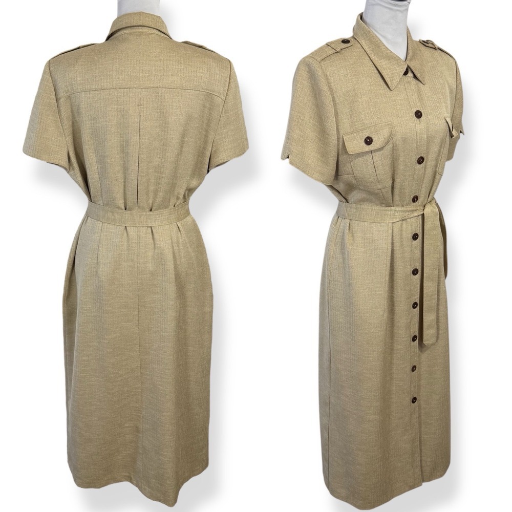 Vintage Maxi‎ Jacket Shirt Dress Size 14 P Herringbone Belted Safari Western 90s - Picture 2 of 16
